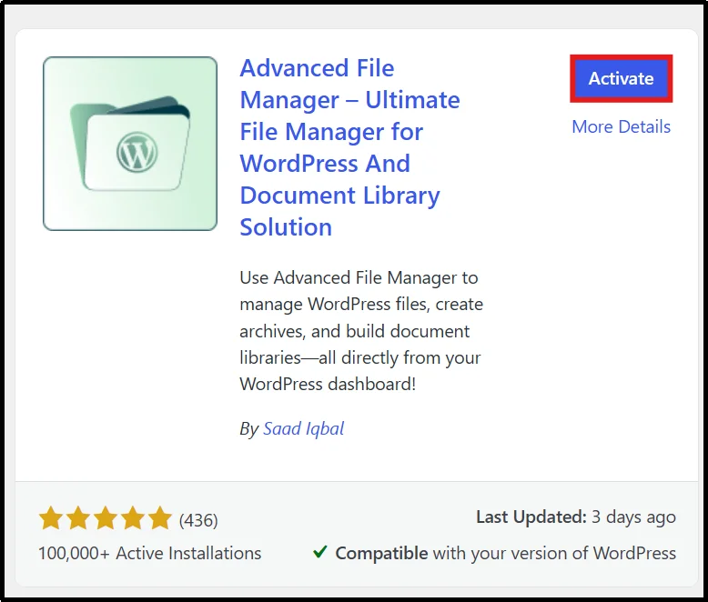 Activating the Advanced File Manager plugin in WordPress