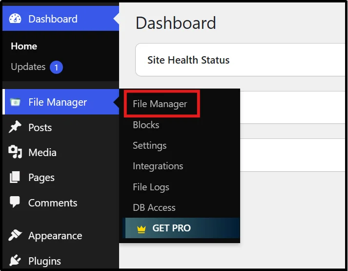 Opening the File Manager option from the WordPress dashboard