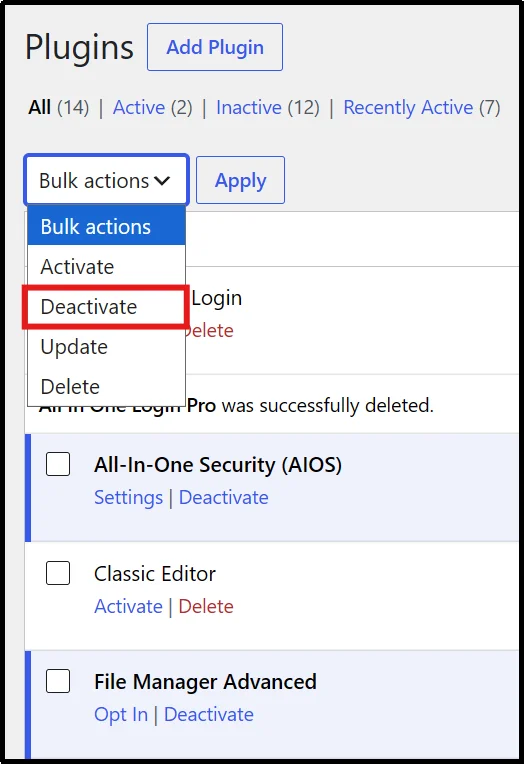 Selecting Deactivate from the Bulk Actions dropdown for WordPress plugins