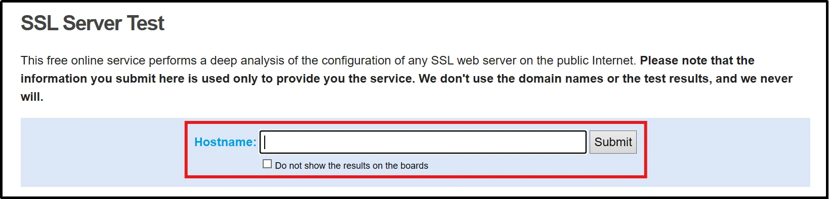 Entering a website domain into the SSL Labs SSL test tool