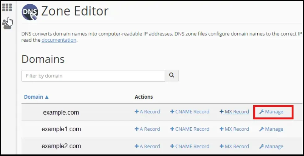 Clicking Manage on a domain to update DNS records