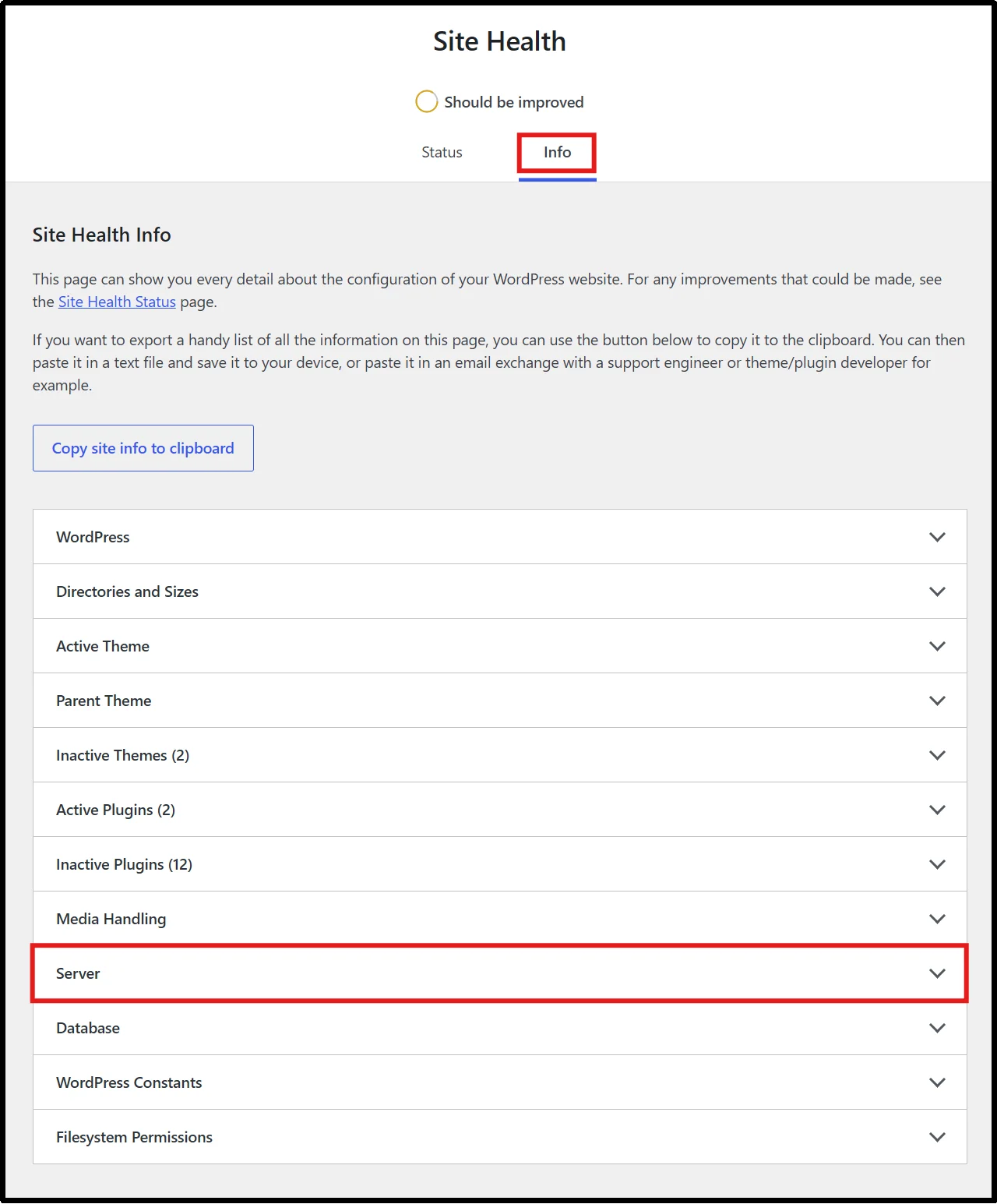 Expanding the Server section in WordPress Site Health information