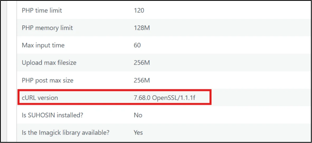 Checking the installed cURL version in WordPress Site Health