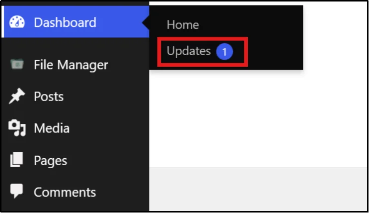 Opening the Updates page from the WordPress dashboard menu