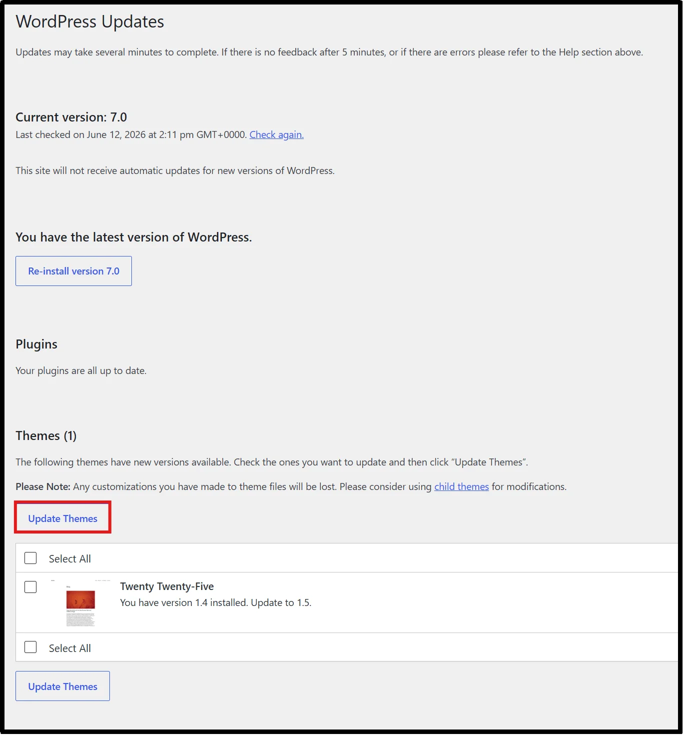 Updating WordPress core to the latest version from the Updates screen
