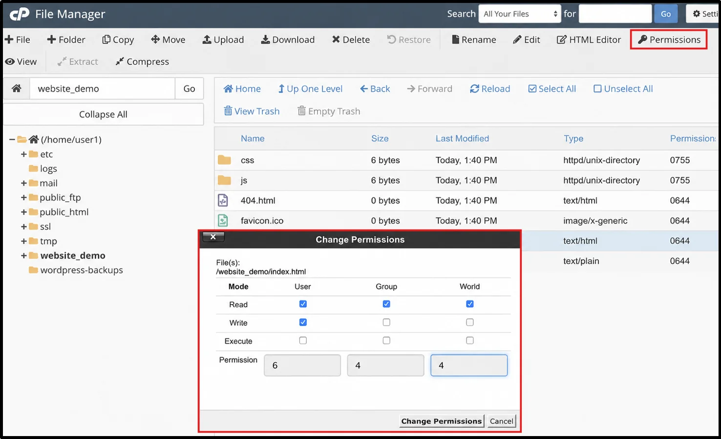 Current WordPress file permission settings displayed in the hosting file manager