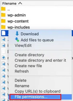 Selecting the File Permissions option in the WordPress hosting file manager