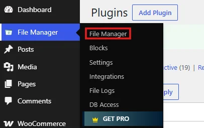 Advanced File Manager dashboard in the WordPress admin panel