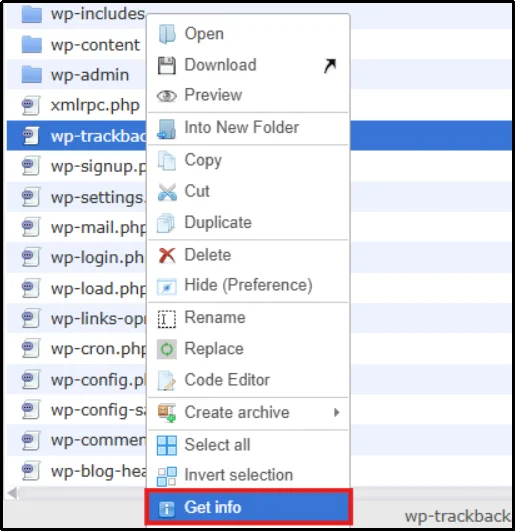 Selecting the Get Info option to view WordPress file permissions