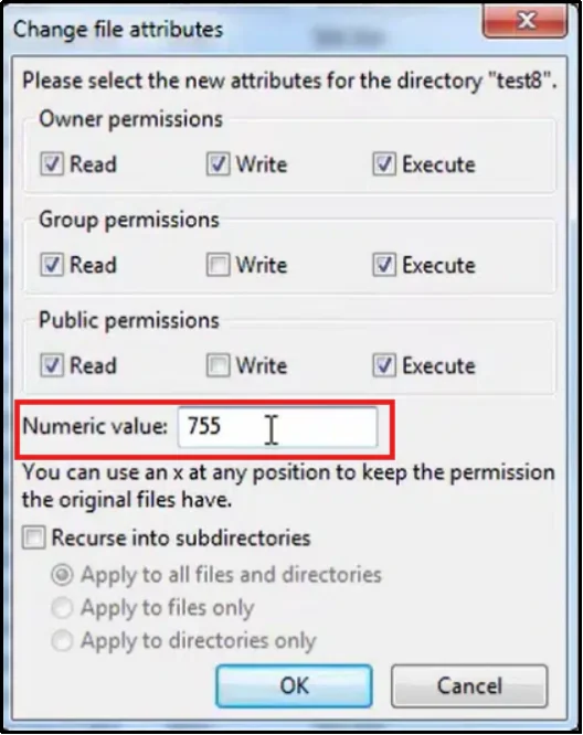 Clicking OK to apply updated WordPress file permission settings