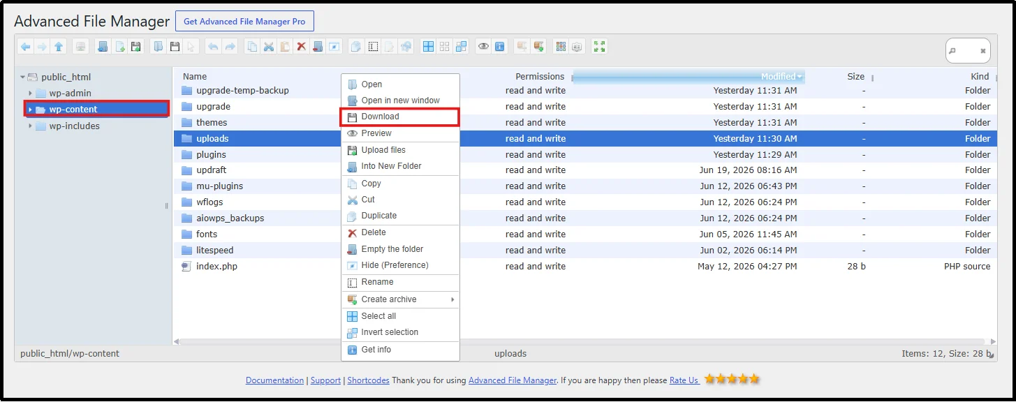 Uploads folder path in Advanced File Manager