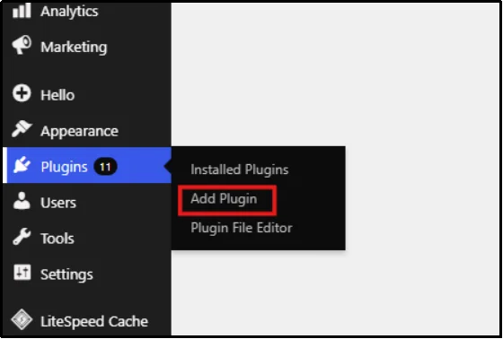 WordPress dashboard Plugins Add Plugin menu
