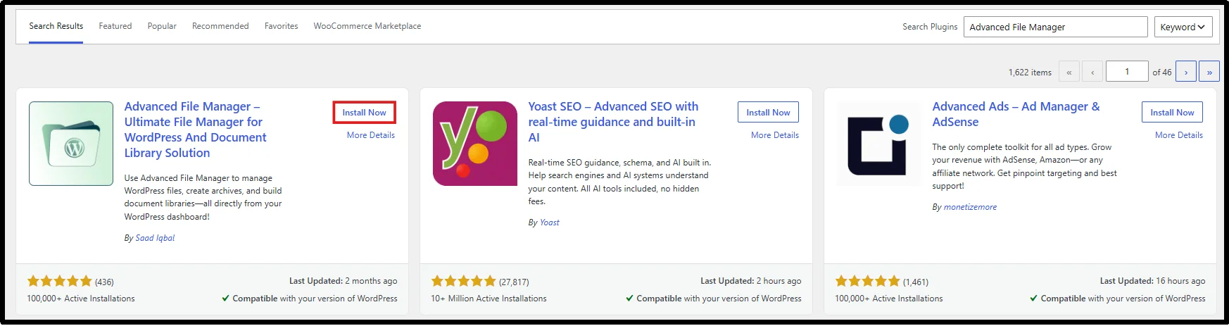 Advanced File Manager in plugin search results