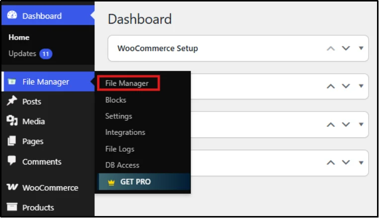 File Manager in WordPress dashboard sidebar