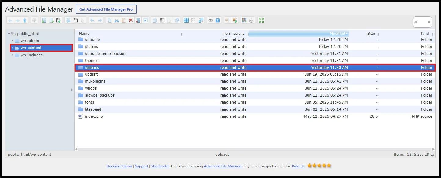wp-content uploads directory with folder size