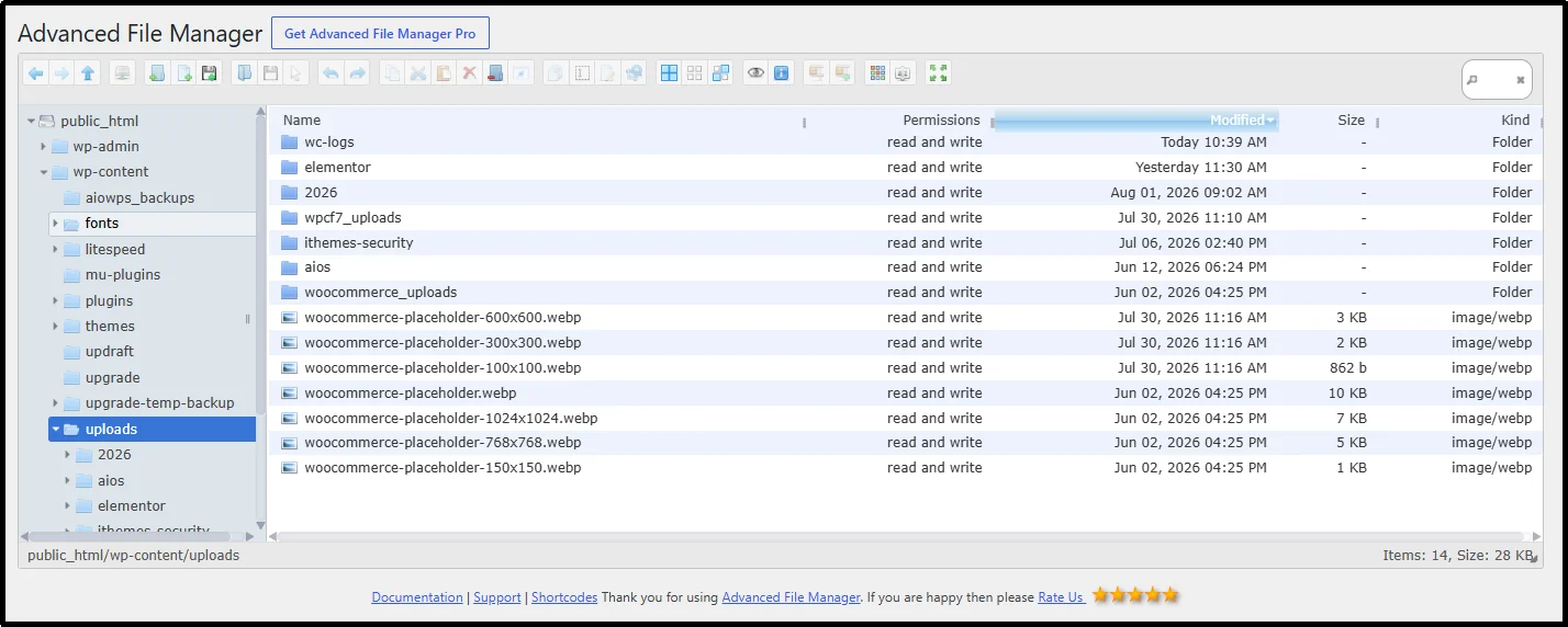 Uploads folder with year and month subfolders