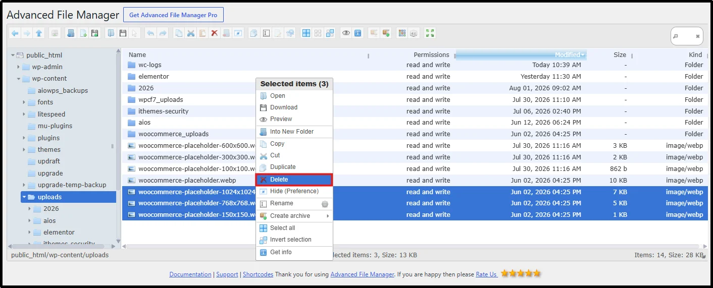 Delete confirmation prompt in File Manager