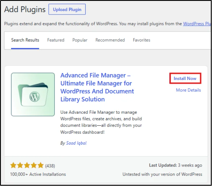 Searching Advanced File Manager in plugin directory