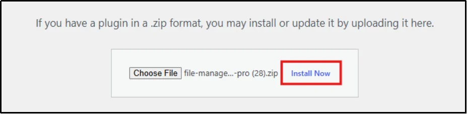 Selected plugin ZIP ready with Install Now button