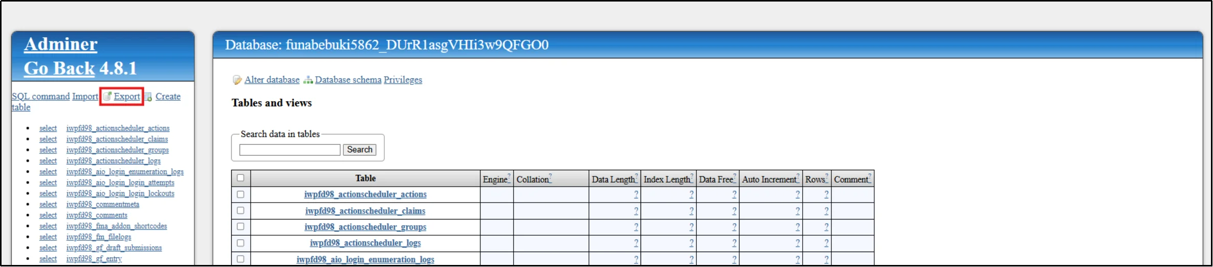 Export option selected in Adminer sidebar panel