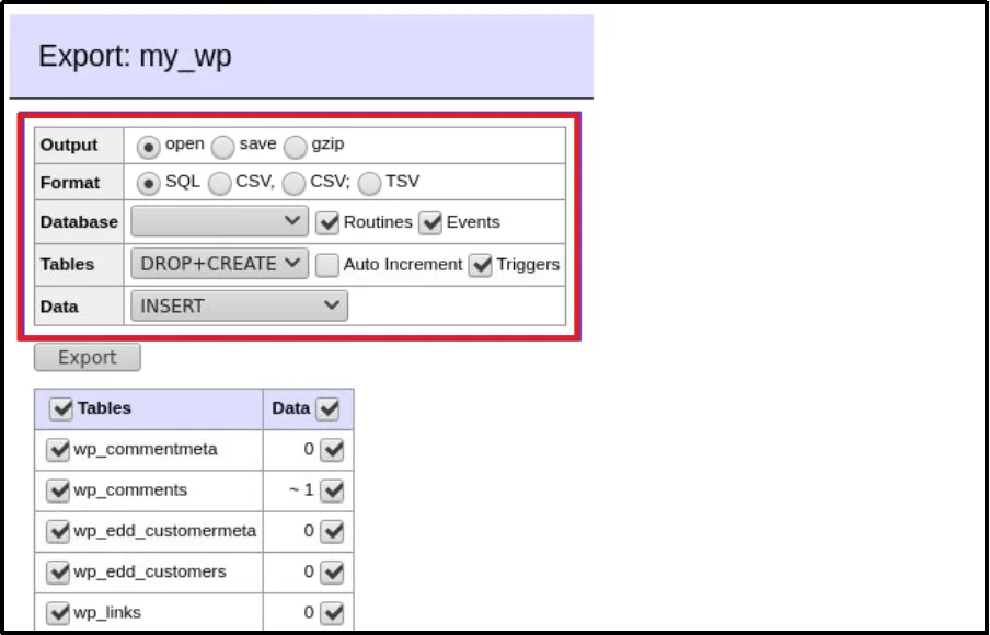Export settings to export WordPress database as SQL