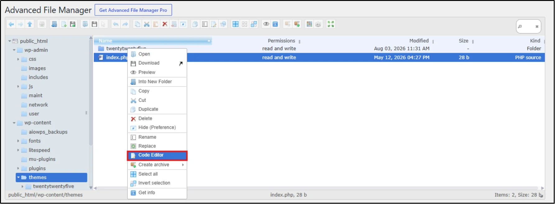 Right-click menu on a PHP file showing Code Editor option