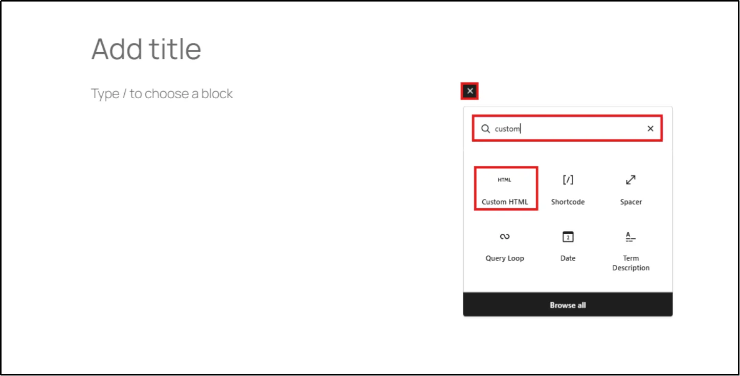 Custom HTML block selected in the WordPress block inserter
