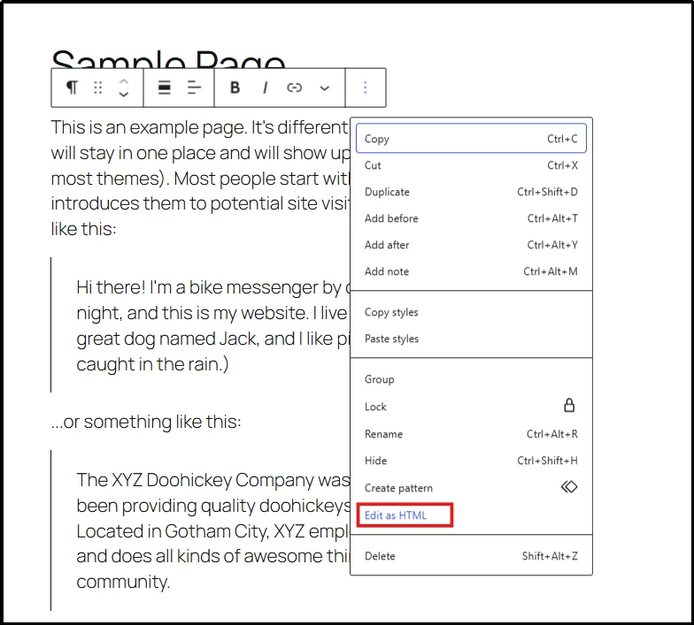 A paragraph block selected in the WordPress block editor