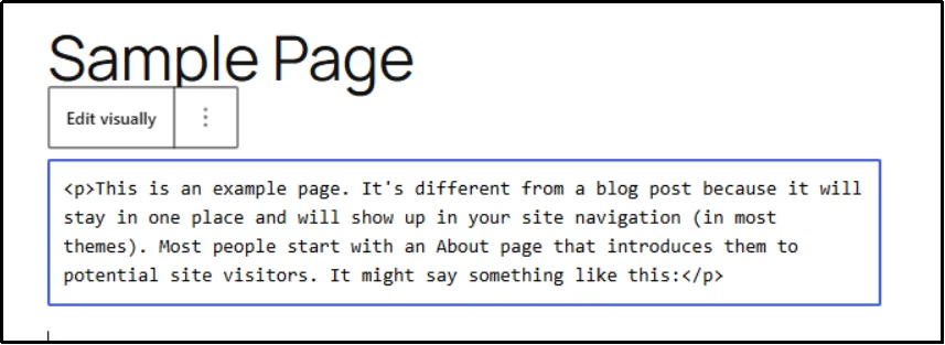 Block markup shown in the Gutenberg Edit as HTML view