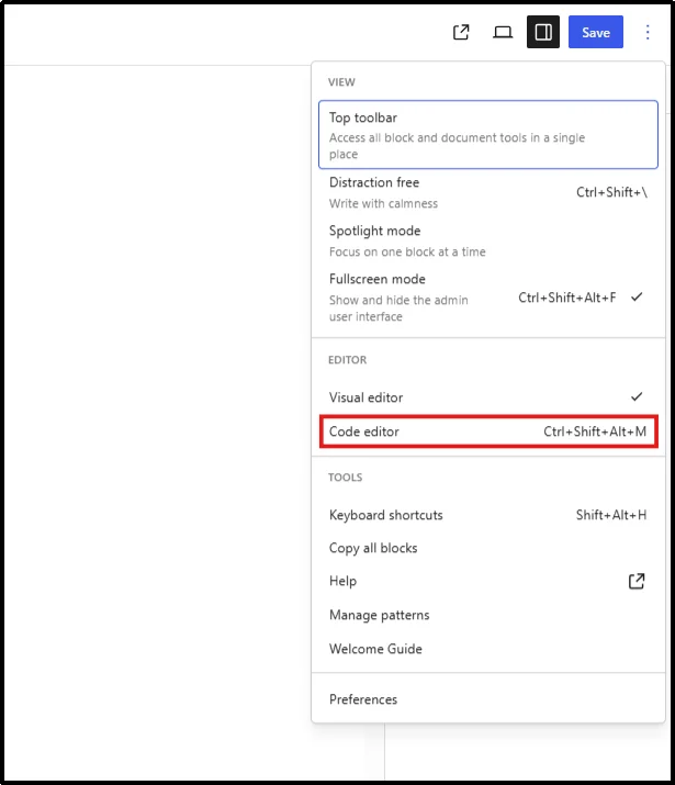 Code Editor option in the Gutenberg top-right menu