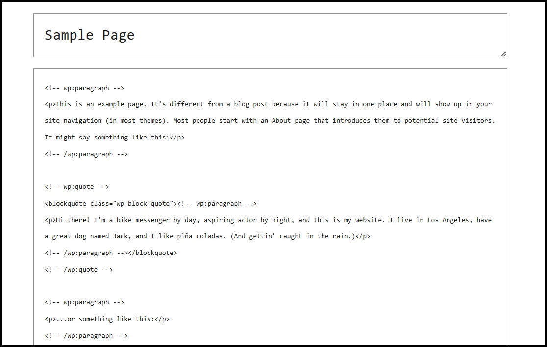 Full page HTML shown in the Gutenberg Code Editor