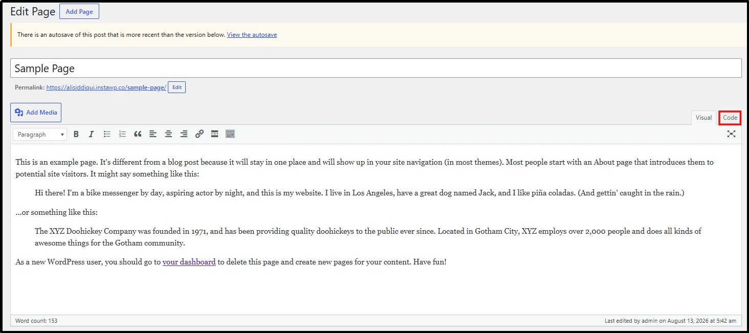 WordPress post open in the Classic Editor Visual tab