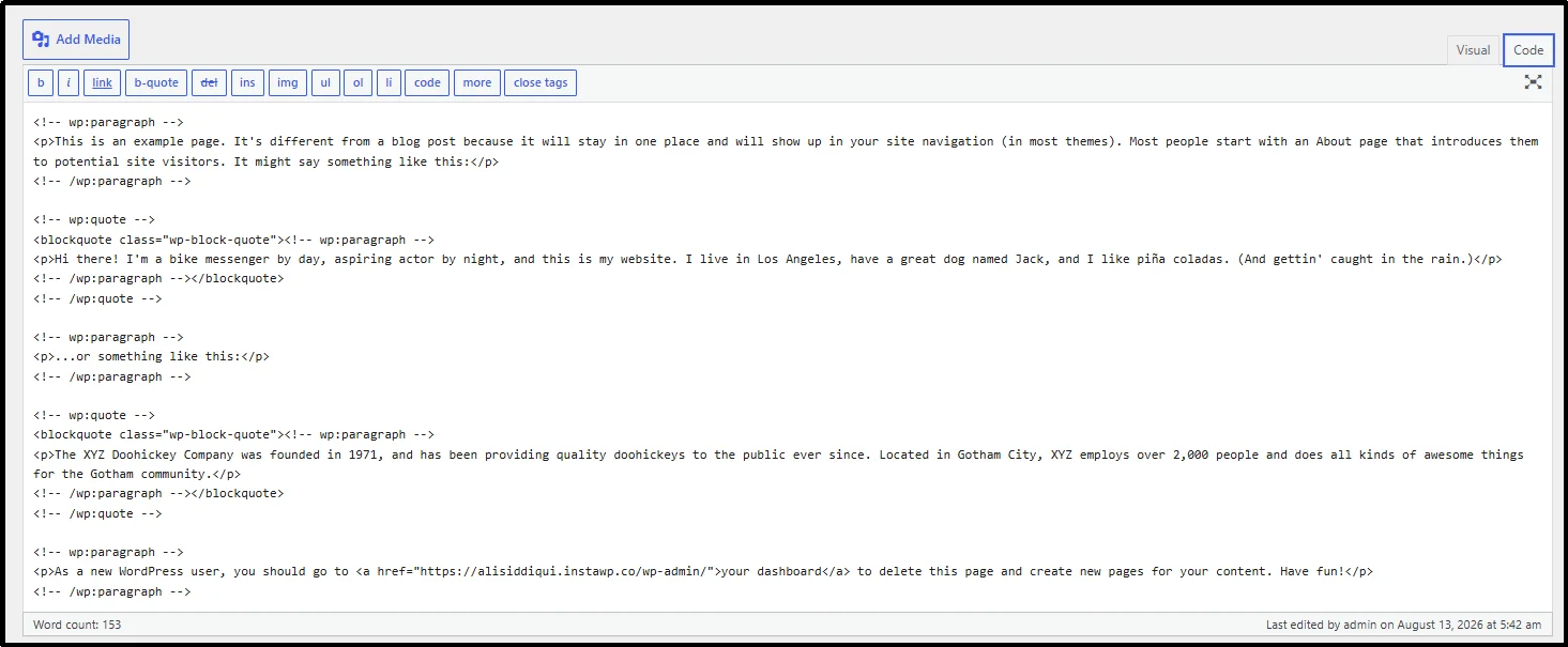 Code tab next to the Visual tab in the Classic Editor