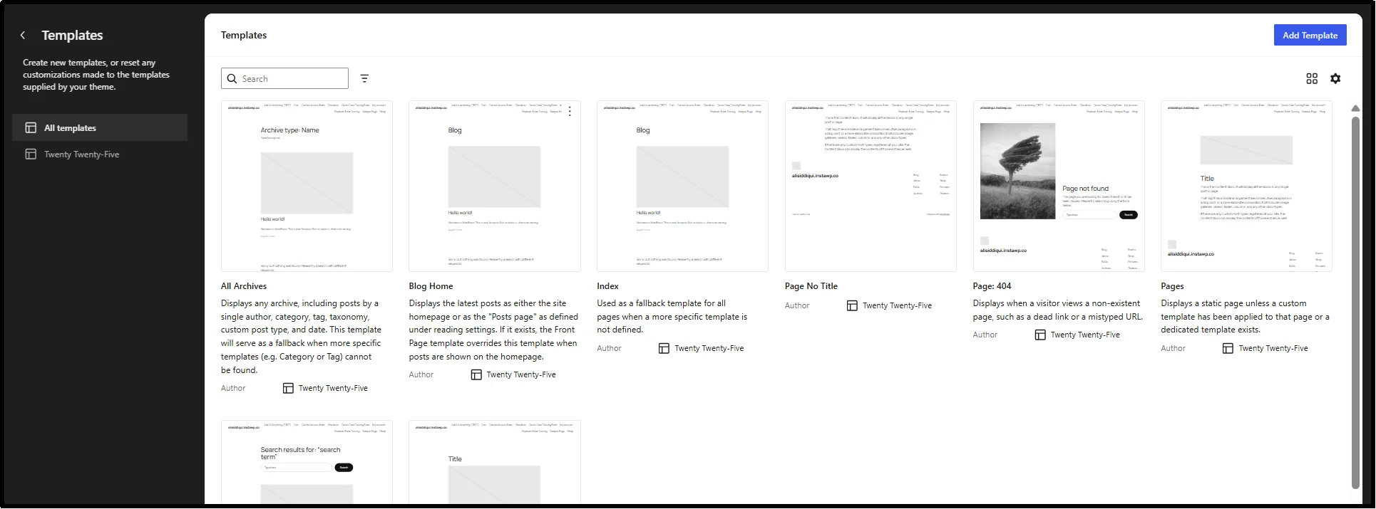 Theme template editing screen with PHP and HTML markup