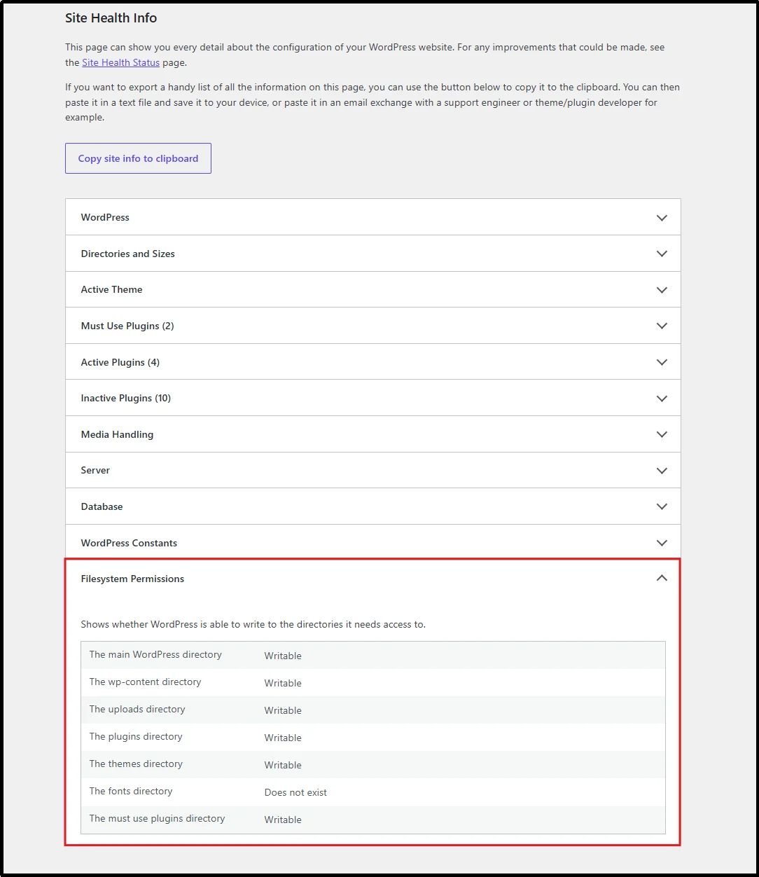 Site Health Filesystem Permissions section showing the WordPress uploads directory as writable