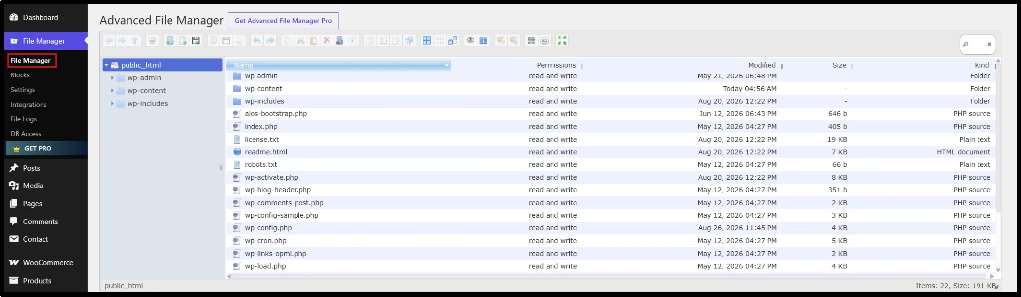 Advanced File Manager opened from the WordPress dashboard showing public_html files and permissions