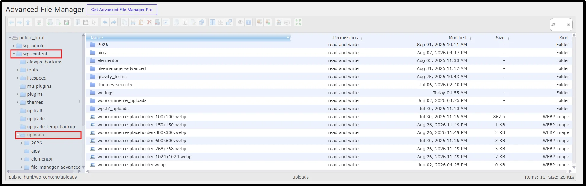 Navigating to the wp-content uploads folder in Advanced File Manager