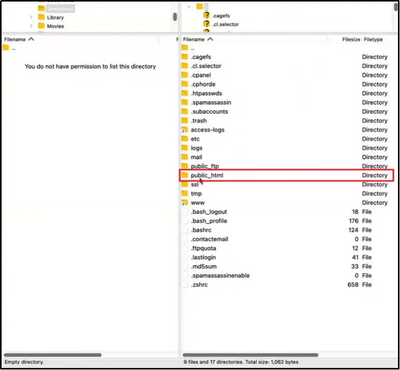 FTP client connected to a WordPress server with the public_html directory highlighted