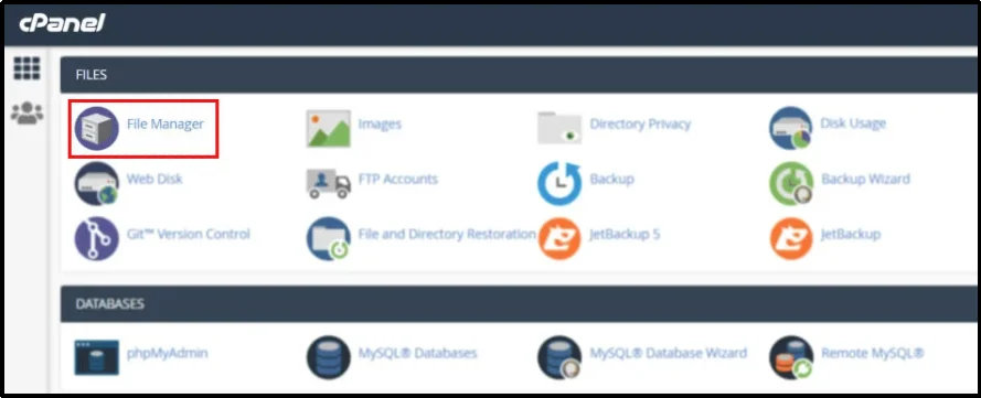 File Manager option in the Files section of the cPanel dashboard