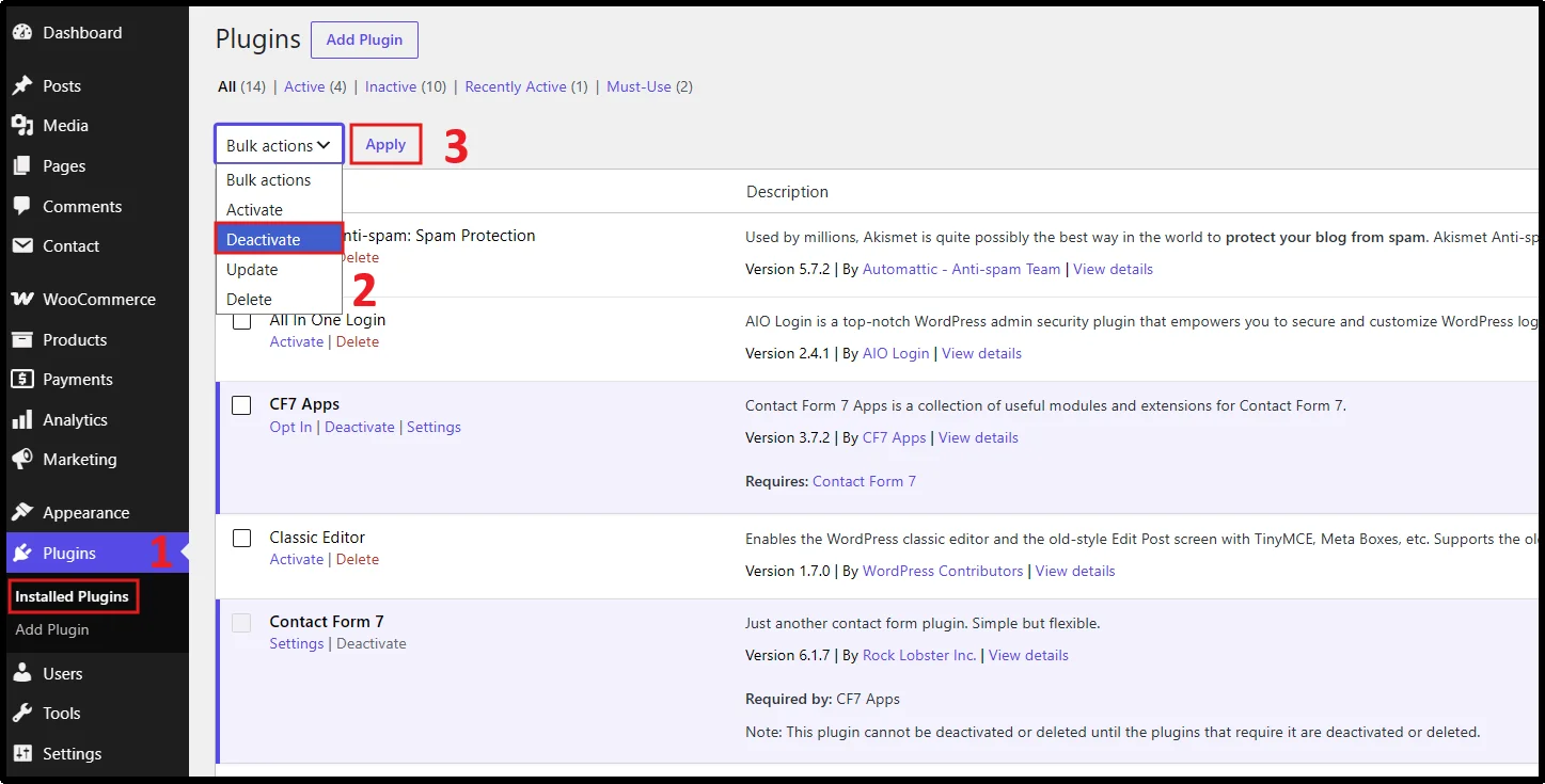 Deactivating a WordPress plugin with Bulk Actions on the Installed Plugins screen