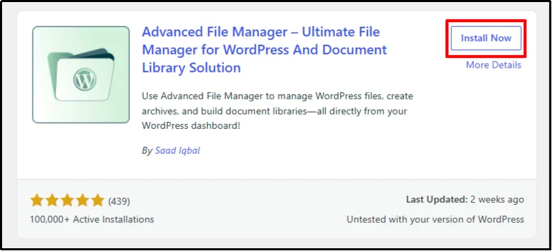 Install Now button for the Advanced File Manager plugin in the WordPress Add Plugins screen