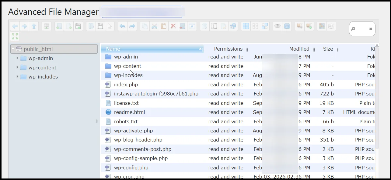 Advanced File Manager interface in the WordPress dashboard showing wp-admin, wp-content and wp-includes folders