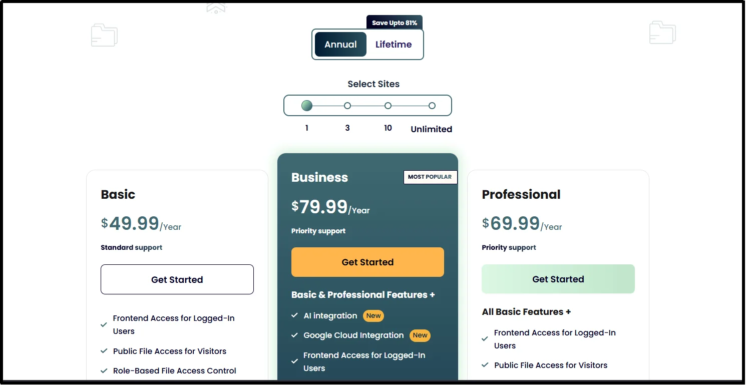 Advanced File Manager Pro pricing page with Basic, Business and Professional plans