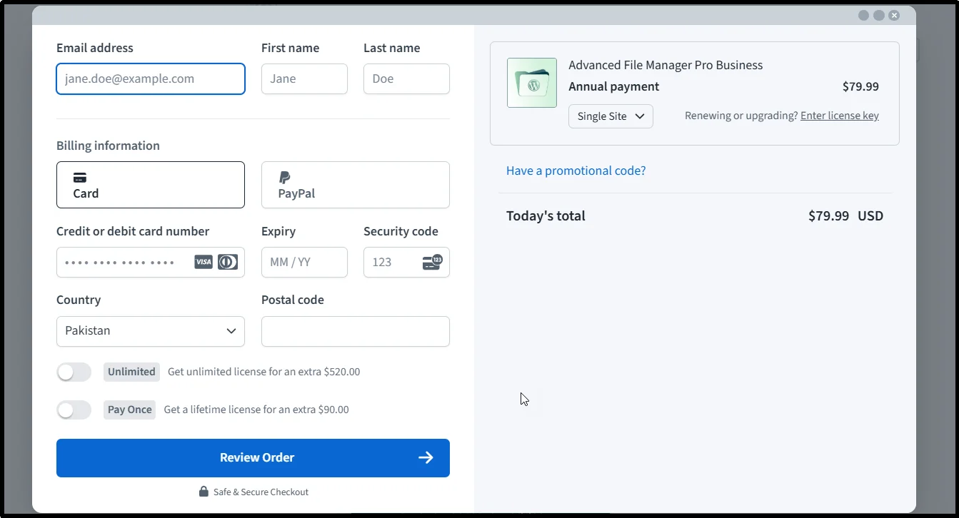 Advanced File Manager Pro checkout form with billing details and Review Order button