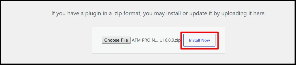 Uploading the Advanced File Manager Pro ZIP file and clicking Install Now in WordPress