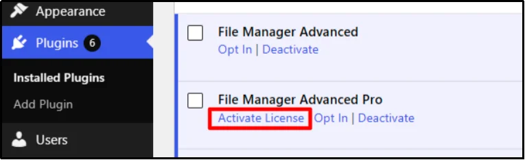Activate License link for File Manager Advanced Pro on the WordPress Installed Plugins page