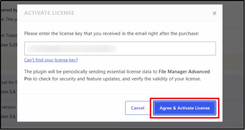 Activate License popup to enter the Advanced File Manager Pro license key and click Agree & Activate License