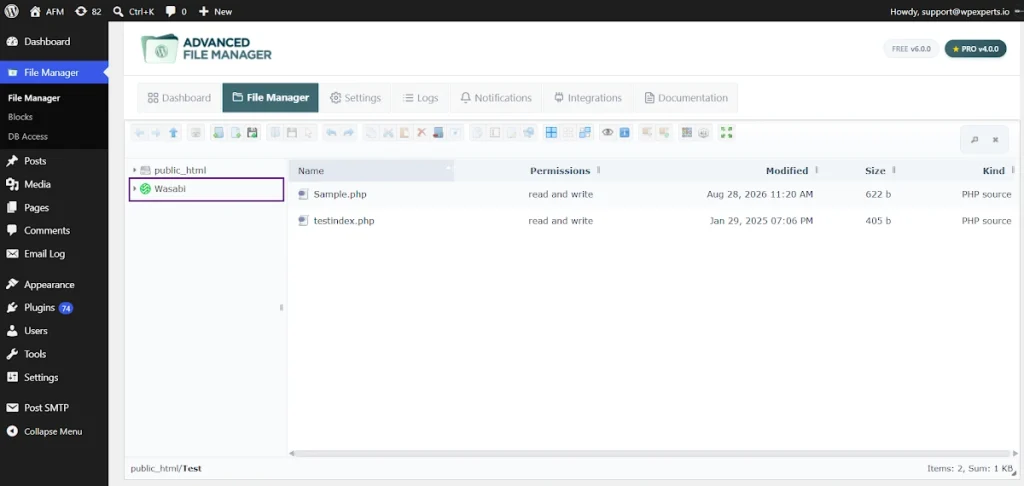 Managing Wasabi in File Manager
