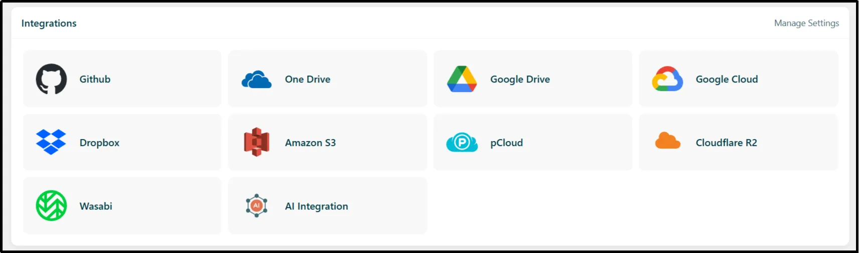 Advanced File Manager Pro Integrations panel listing GitHub, OneDrive, Google Drive, Dropbox, Amazon S3, Wasabi, and more
