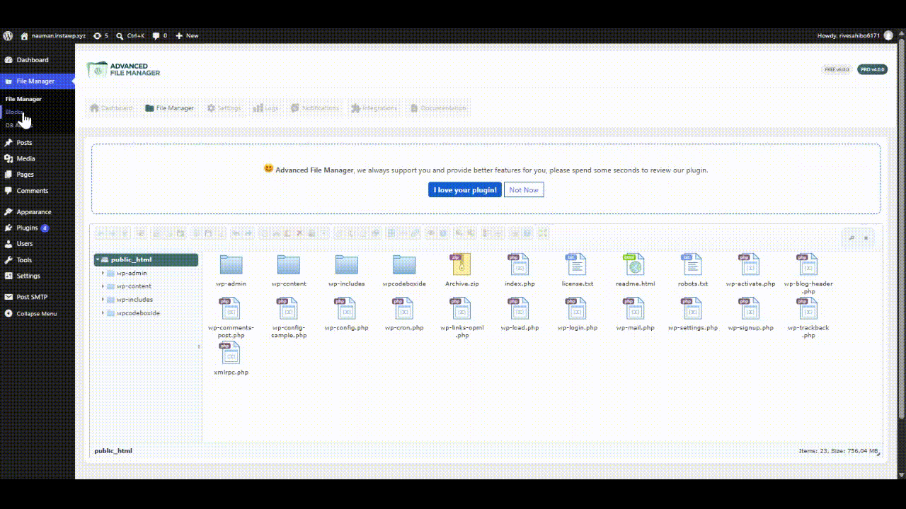 Configuring User Role Settings for a frontend file manager block in Advanced File Manager Pro